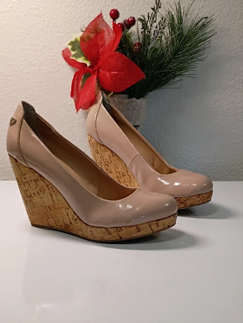Thalia Sodi Nude Patent Platform Pumps with Cork-Style Sole